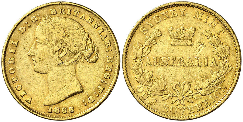 1866. Australia. Victoria. Sydney. 1 libra. (Fr. 10) (Kr. 4). 7,91 g. AU. Sirvió...