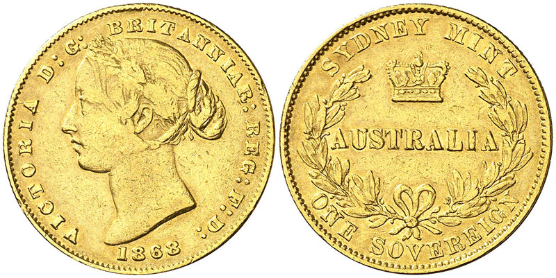 1868. Australia. Victoria. Sydney. 1 libra. (Fr. 10) (Kr. 4). 7,94 g. AU. Sirvió...