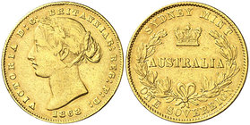 1868. Australia. Victoria. Sydney. 1 libra. (Fr. 10) (Kr. 4). 7,94 g. AU. Sirvió como joya. Escasa. MBC.