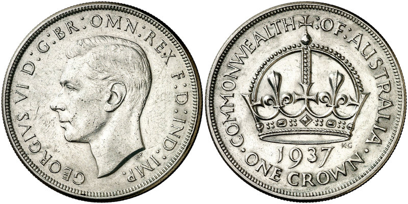 1937. Australia. Jorge VI. 1 corona. (Kr. 34). 28,24 g. AG. Golpecitos. EBC.