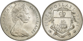 1966. Bahamas. Isabel II. 5 dólares. (Kr. 10). 42,10 g. AG. Golpecito. S/C-.