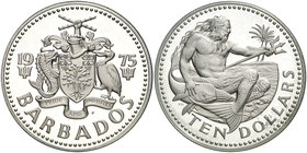 1975. Barbados. FM (Franklin Mint). 10 dólares. (Kr. 17a). 37,56 g. AG. Neptuno, dios del Mar. Proof.