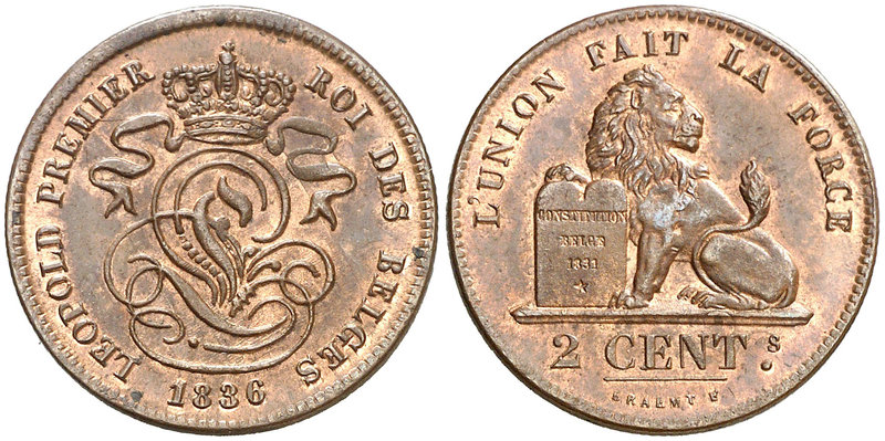 1836. Bélgica. Leopoldo I. 2 céntimos. (Kr. 4.2). 3,40 g. CU. Bella. Brillo orig...
