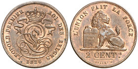 1836. Bélgica. Leopoldo I. 2 céntimos. (Kr. 4.2). 3,40 g. CU. Bella. Brillo original. Escasa así. S/C-.