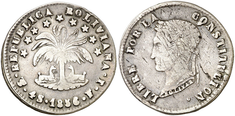 1856. Bolivia. Potosí. FJ. 4 soles. (Kr. 123.2). 13,32 g. AG. Rayitas. Escasa. M...