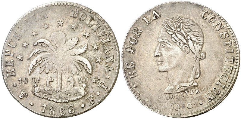 1863. Bolivia. Potosí. FP. 8 soles. (Kr. 138.6). 20,09 g. AG. MBC.