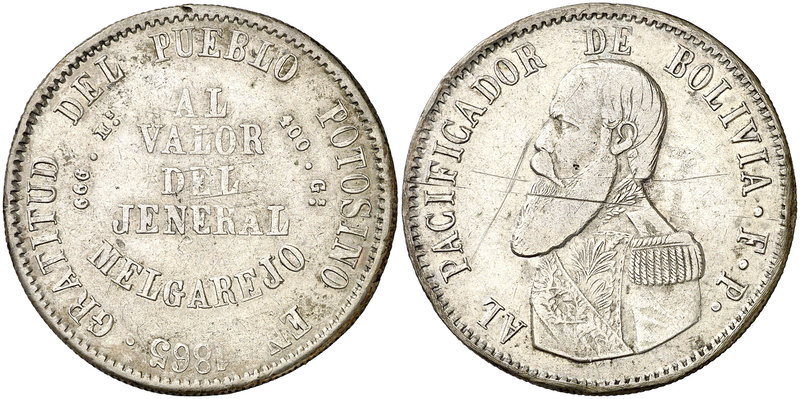 1865. Bolivia. FP. 1 melgarejo. (Kr. 146). 20,17 g. AG. Rayitas. Escasa. MBC.