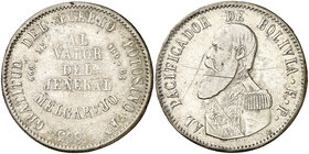 1865. Bolivia. FP. 1 melgarejo. (Kr. 146). 20,17 g. AG. Rayitas. Escasa. MBC.