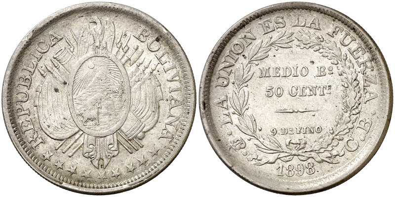 1898. Bolivia. Potosí. CB. 50 centavos (1/2 boliviano). (Kr. 161.5). 11,54 g. AG...