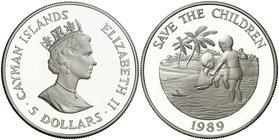 1989. Islas Caimán. Isabel II. 5 dólares. (Kr. 102). 28,38 g. AG. Fundación "Save the Children". Proof.