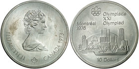 1973. Canadá. Isabel II. 10 dólares. (Kr. 87). 48,17 g. AG. Juegos Olímpicos - Montreal '76. S/C.
