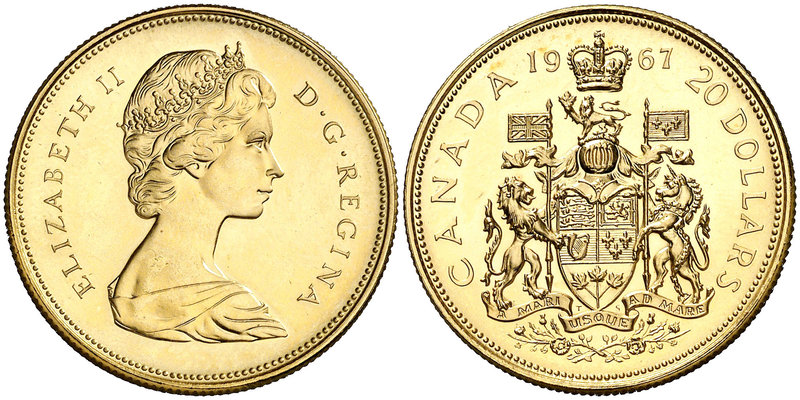1967. Canadá. Isabel II. 20 dólares. (Fr. 5) (Kr.71). 18,27 g. AU. Centenario. S...
