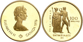 1976. Canadá. Isabel II. 100 dólares. (Fr. 7) (Kr.116). 16,94 g. AU. Juegos Olímpicos - Montreal '76. Proof.
