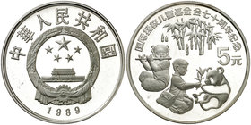 1989. China. 5 yuan. (Kr. 260). 22,02 g. AG. Fundación "Save the Children". Escasa. S/C.