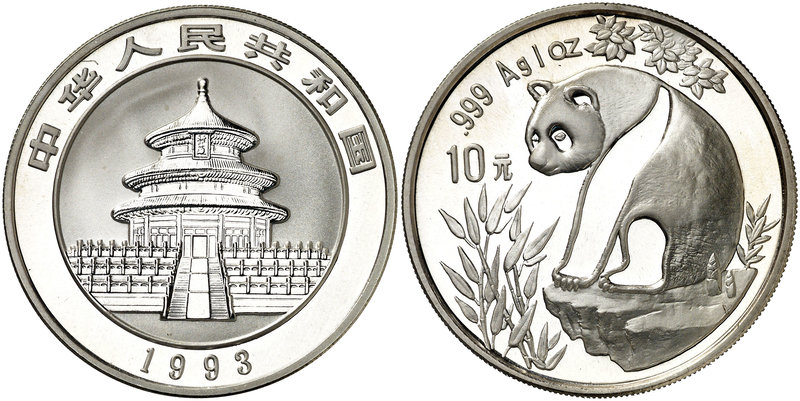 1993. China. 10 yuan. (Kr. 485). 30,94 g. AG. Panda. Escasa. Proof.