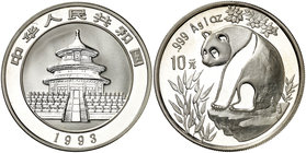 1993. China. 10 yuan. (Kr. 485). 30,94 g. AG. Panda. Escasa. Proof.
