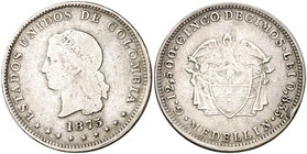 1875/4. Colombia. Medellín. 5 décimos. (Kr. 153.4). 12,38 g. AG. Escasa. MBC-.