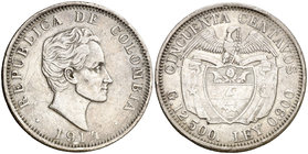 1914. Colombia. 50 centavos. (Kr. 193.1). 12,33 g. AG. Rayitas y golpecitos. MBC.