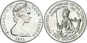 1973. Islas Cook. Isabel II. 2 dólares. (Kr. 8). 25,17 g. AG. 20º Aniversario de su coronación. S/C-.