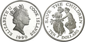 1990. Islas Cook. Isabel II. 10 dólares. (Kr. 81). 28,07 g. AG. Fundación "Save the Children". Proof.