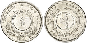 1923. Costa Rica. (Kr. 159). 6,27 g. AG. Contramarca sobre 25 centavos 1893. S/C-.
