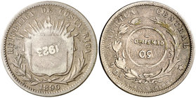 1890. Costa Rica. Heaton, Birmingham. 50 céntimos. (Kr. 159). 6 g. AG. Resello: 1923, en 25 centavos. Escasa. MBC.