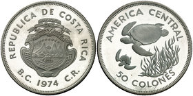 1974. Costa Rica. 50 colones. (Kr. 200a). 28,48 g. AG. Proof.