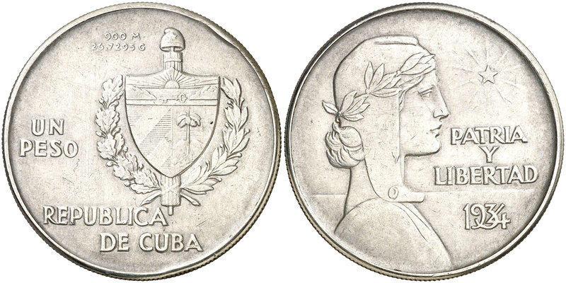 1934. Cuba. 1 peso. (Kr. 22). 26,60 g. AG. Golpecitos. MBC.