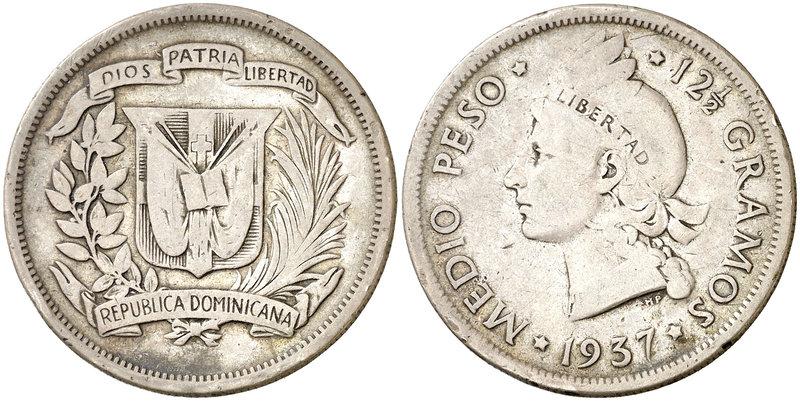 1937. República Dominicana. 1/2 peso. (Kr. 21). 12,11 g. AG. Escasa. MBC-.