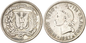 1937. República Dominicana. 1/2 peso. (Kr. 21). 12,11 g. AG. Escasa. MBC-.