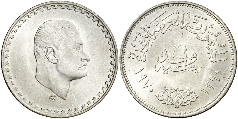 AH 1390/1970. Egipto. 1 libra. (Kr. 425). 24,95 g. AG. Nasser. S/C.