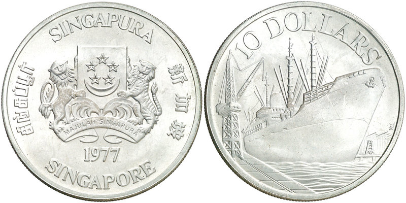 1977. Singapur. 10 dólares. (Kr. 15). 30,69 g. AG. 10º Aniversario de la Indepen...