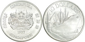 1977. Singapur. 10 dólares. (Kr. 15). 30,69 g. AG. 10º Aniversario de la Independencia. S/C-.