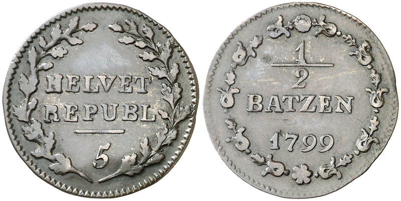 1799. Suiza. 1/2 batzen. (Kr. A6). 1,89 g. Vellón. Rayitas. Buen ejemplar. Escas...