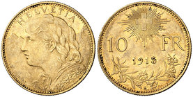 1915. Suiza. B (Berna). 10 francos. (Fr.504) (Kr. 36). 3,22 g. AU. Rayitas. EBC-.