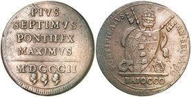 1802. Vaticano. Pío VII. 1 baiocco. (Kr. 1267). 12,63 g. CU. Año: 2. Leves golpecitos. Escasa. MBC+.