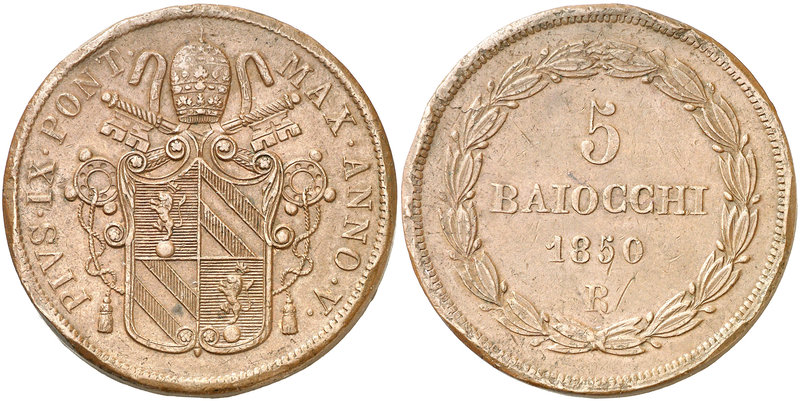 1850. Vaticano. Pío IX. R (Roma). 5 baiocchi. (Kr. 1346). 39,17 g. CU. Año: V. G...