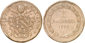 1850. Vaticano. Pío IX. R (Roma). 5 baiocchi. (Kr. 1346). 39,17 g. CU. Año: V. Golpecitos. (MBC+).
