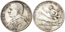 1930. Vaticano. Pío XI. 5 liras. (Kr. 7). 5 g. AG. Año IX. EBC.