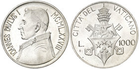 1978. Vaticano. Juan Pablo I. 1000 liras. (Kr. 142). 14,58 g. AG. S/C.