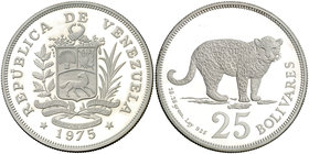1975. Venezuela. 25 bolívares. (Kr. 46). 28,70 g. AG. Escasa. Proof.