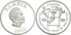 1980. Zambia. 10 Kwacha. (Kr. 21). 27,05 g. AG. Año Internacional del Niño. Proof.