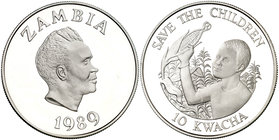 1989. Zambia. 10 Kwacha. (Kr. 27). 27,20 g. AG. 70º Aniversario de la Fundación "Save the Children". Proof.