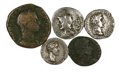 Lote formado por 3 denarios (República, Augusto y Antonino pío), 1 sestercio y 1 Bajo Imperio. Total 5 monedas. A examinar. BC/MBC.