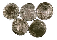 Jaume II (1291-1327). Zaragoza. Dinero. (Cru.V.S. 364) (Cru.C.G. 2182). Lote de 5 monedas. A examinar. MBC.