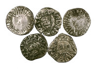 Pere III (1336-1387). Zaragoza. Dinero. (Cru.V.S. 463) (Cru.C.G. 2276). Lote de 5 monedas. A examinar. MBC/MBC+.