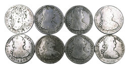 1777 a 1809. Lima, México y Potosí. 8 reales. Lote de 8 monedas, cinco de ellas con resellos orientales. A examinar. BC/BC+.