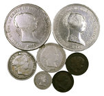 1850 a 1868. Isabel II. 5 céntimos de real, 1 y 40 céntimos de escudo (dos), 1 y 20 reales (dos). Lote de 7 monedas. A examinar. BC/BC+.