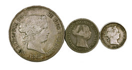 1852 a 1867. Isabel II. Madrid y Sevilla. 1, 2 reales y 1 escudo. 3 monedas. BC/BC+.