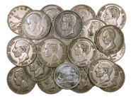1870 a 1898. Lote de 28 monedas de 5 pesetas y 1 de 2000 pesetas del 2001 (S/C). A examinar. BC/BC+.